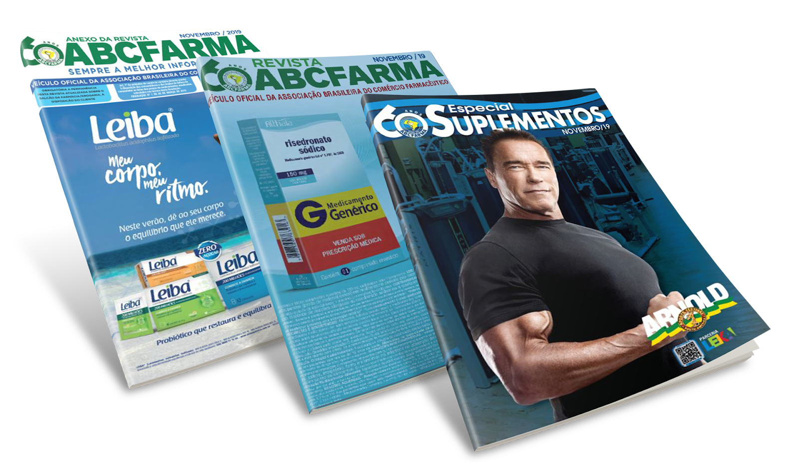 A imagem mostra 3 revistas da ABC Farma: os 2 volumes de novembro de 2019 e uma edição especial sobre suplementos.